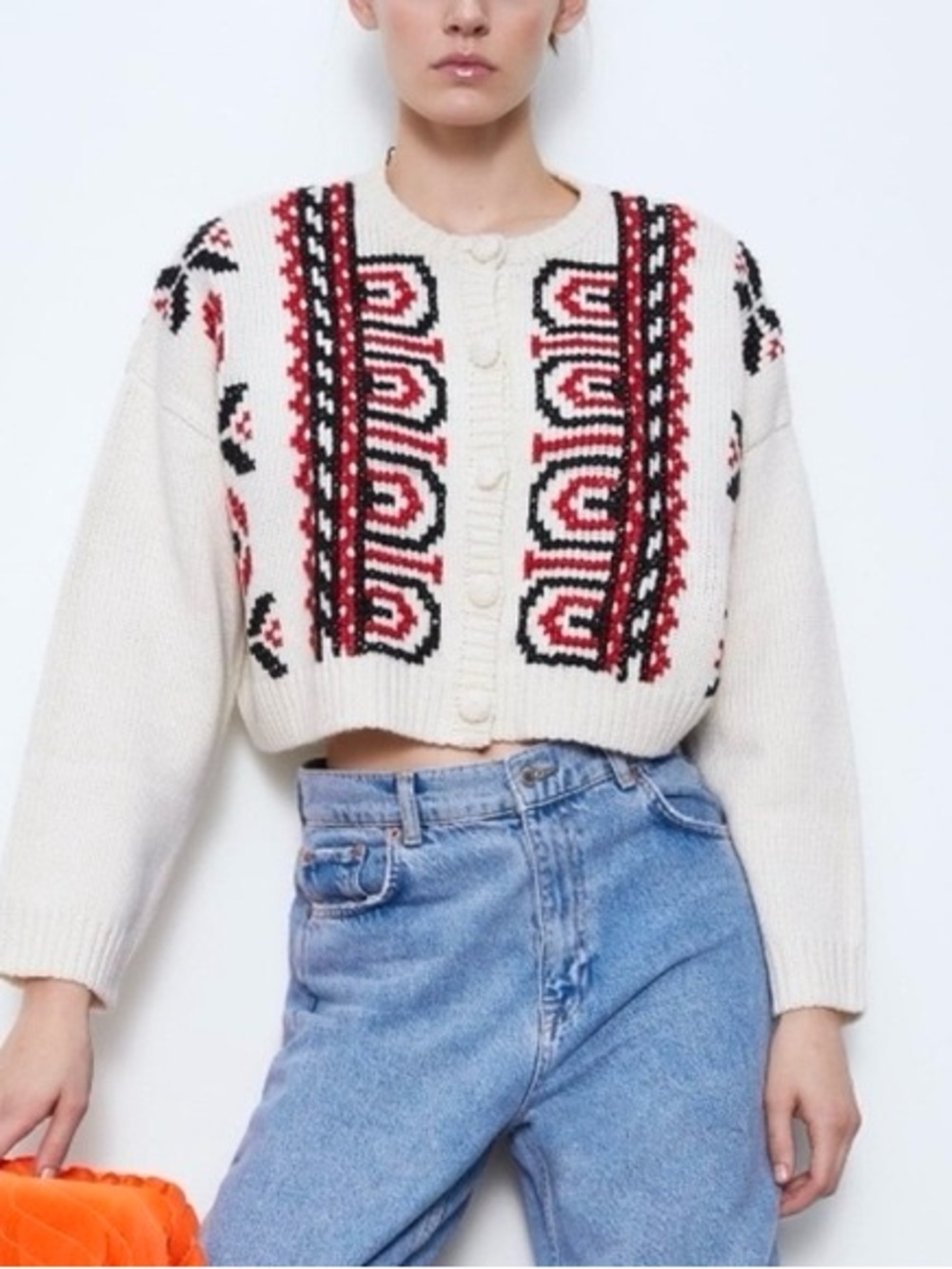 Zara Cream Embroidered Knit Cropped Cardigan with Fair Isle Motif - Picture 3 of 11